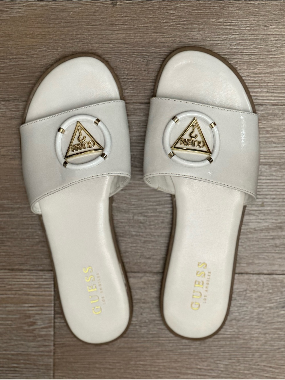 GUESS White Slide Sandals with Gold Triangle Logo